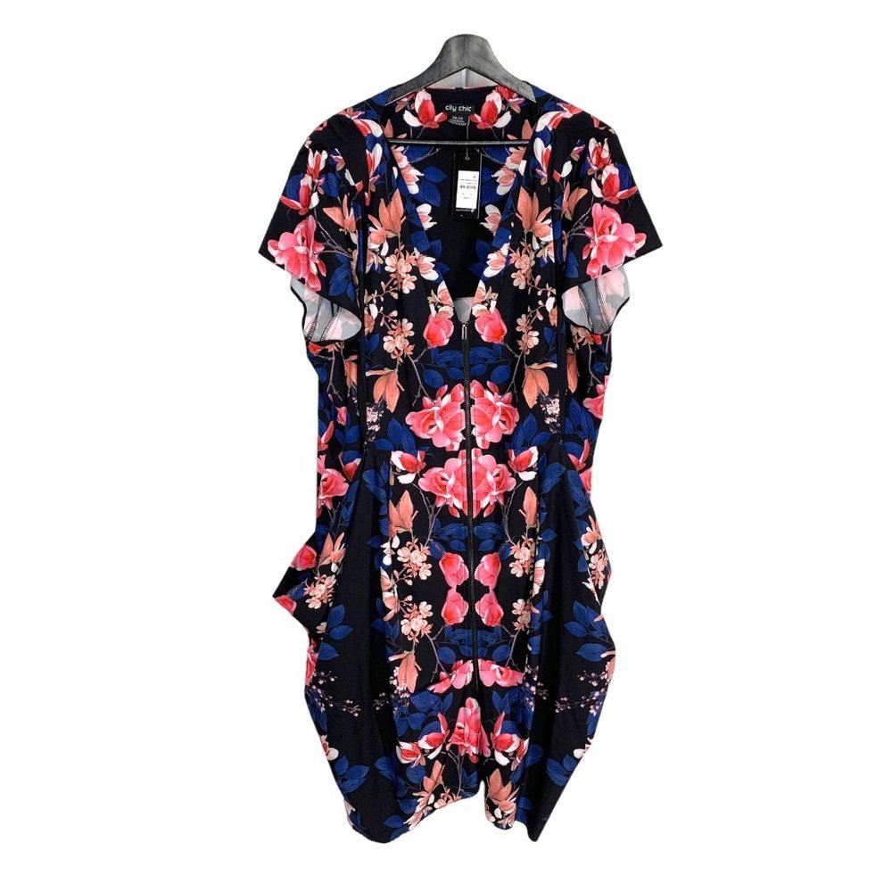City Chic Tunic Mirror Lotus Floral Short Sleeve Zip Up Dress XXL